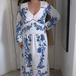 Farm Rio Arara blue and White Floral Eyelet Maxi Dress